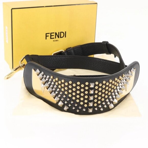 FENDI Monster Studs Shoulder Strap Leather 31.5""-39.4"" Black Gold Auth am9364 - Picture 11 of 11